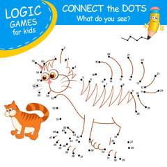 Connect the dots by numbers to draw the Cat. Dot to dot Education Game and Coloring Page with cartoon cute Kitten character. Logic Games with answer. Education card for kids learning counting number.