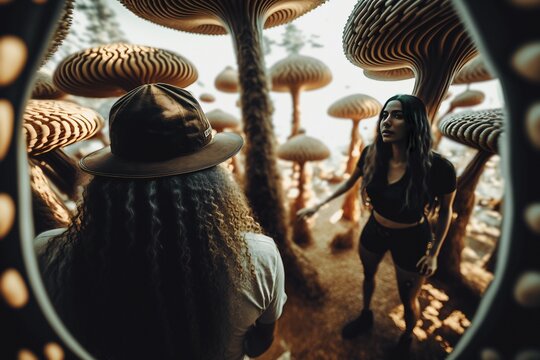 A pair of mycologist explorers stand in the midst of a forest of psychedelic mushrooms in disbelief. Ai. Digital painting concept art.