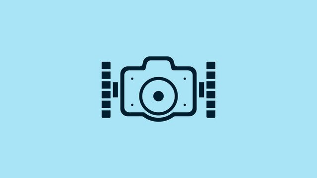 Blue Photo camera for diver icon isolated on blue background. Foto camera icon. Diving underwater equipment. 4K Video motion graphic animation