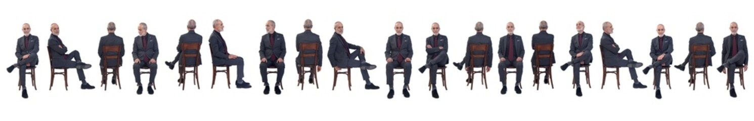 line of large group of same man various poses sitting on chair on white background