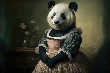 Portrait of panda in a victorian dress. Generative AI - obrazy, fototapety, plakaty