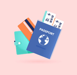 Passport with airplane ticket, wallet and credit card. Document for traveling, tourism, immigration. Flight pass for airplane. ID control at the airport. Isolated vector illustration - obrazy, fototapety, plakaty