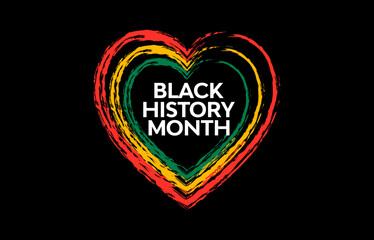 Black History Month Celebrating Heart Symbol on Black Background. Template for Poster, Card, Banner, Background. Vector Illustration.