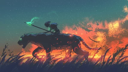 Foto op Canvas boy riding on the back of a panther through the fire meadow, digital art style, illustration painting © grandfailure