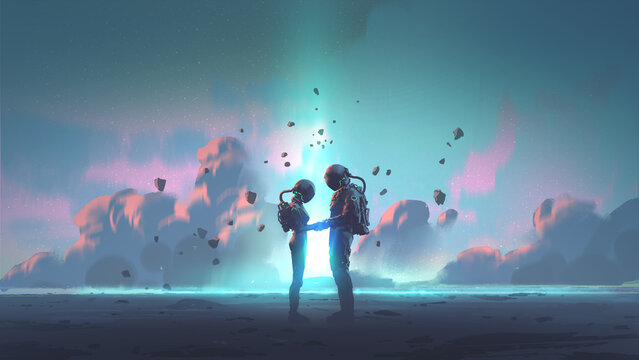 Astronaut couple holding each other's hands on space sky background, digital art style, illustration painting