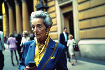 Old Stylish woman in the street  with smartphone in hand. generative ai