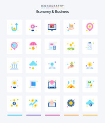 Creative Economy And Business 25 Flat icon pack  Such As development. hand. market. data. analysis