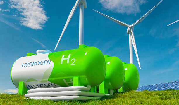 Green Hydrogen renewable energy production pipeline - green hydrogen gas for clean electricity solar and windturbine facility