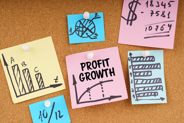 On the board are stickers with graphs and diagrams and the inscription - PROFIT GROWTH