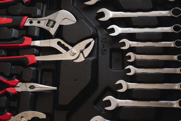 Toolbox Wrench car repair kit in toolbox hand tool set Inside the toolbox there are different types of wrenches.