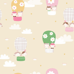 Seamless pattern with princesses flying in hot air balloons. Childish print. Vector hand drawn illustration.