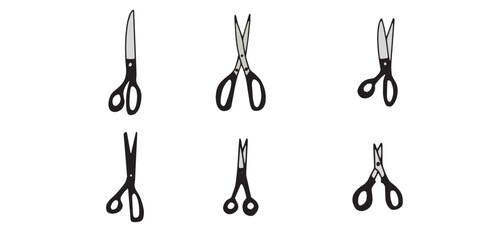 Scissor icon set. Hand drawn professional pair of scissors cutting hair. Craft and scissoring. Vector illustration on white background