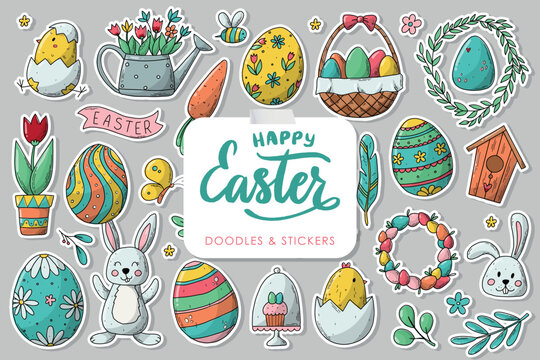 set of Easter hand drawn stickers, clip art, doodles for planners, posters, prints, cards, signs, magnets, sublimation, apparel decor, etc. EPS 10