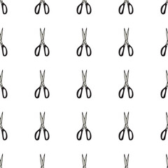Fototapeta premium Scissor seamless pattern. Hand drawn professional pair of scissors cutting hair. Craft and scissoring. Vector print on white background