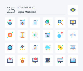 Digital Marketing 25 Flat Color icon pack including research. search. clipboard. management. glass