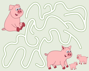 Help the pig find the pathway to family. Logic Game for kids learning farm animals. Entry and exit. Labyrinth with solution. Educational maze game with cute character pigs. Vector cartoon style.