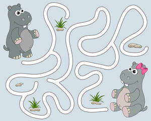 Help the hippopotamus find the pathway to girlfriend. Logic Game for kids. Entry and exit. Funny Labyrinth with solution. Educational maze game with character hippo. Vector cartoon style illustration.