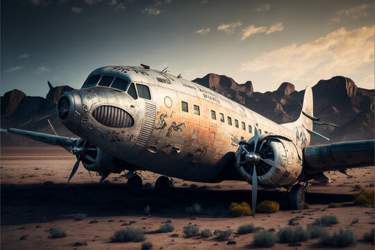 Wrecked airplane on the desert
