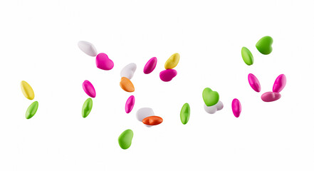 Heart Shape colorful candies flying on white background 3d illustration