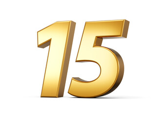Golden metallic Number 15 Fifteen, White background 3d illustration