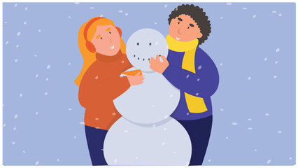 Couple making snowman. Winter leisure activity concept. Holidays vacation 
