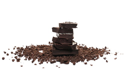 Chopped, milled dark chocolate pile with shavings isolated on white, side view