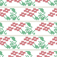 Cross stitch. Geometric horizontal seamless ethnic pattern. Red and green Ukrainian embroidery. Design for towel, dress, shirt, print for fabric, traditional national design.
