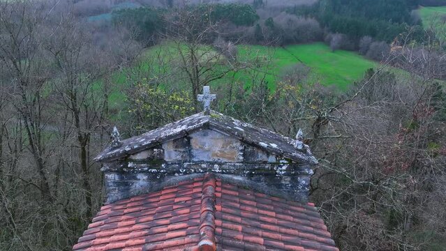 Winter landscape of the Church and the town of Pando. Aerial view from a drone. Arma&ntilde;on Natural Park. Valley of Carranza. Biscay. Basque Country. Spain. Europe
