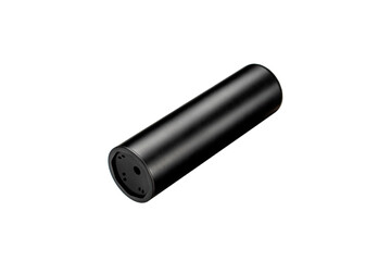 Black silencer for weapons. Suppressor that is at the end of an assault rifle. Isolate on a white back.