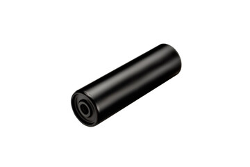 Black silencer for weapons. Suppressor that is at the end of an assault rifle. Isolate on a white back.