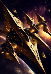 Spaceship in space, gold colours, univers fantasy