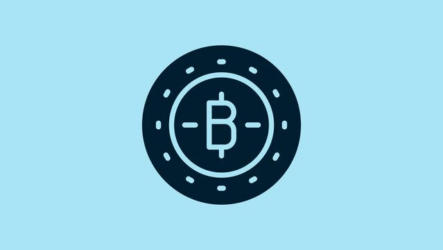 Blue Cryptocurrency coin Bitcoin icon isolated on blue background. Physical bit coin. Blockchain based secure crypto currency. 4K Video motion graphic animation