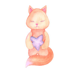 little cartoon sleeping fox with yellow star ball, kids watercolor illustration for print. Baby toys.