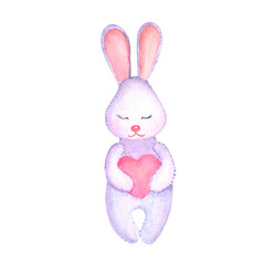 Cute bunny with pink heart, watercolor hand draw illustration isolated on transparent background.