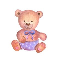 Watercolor illustration baby toy. Nursery decor, bear. Hand drawn isolated on transparent background. Perfect for card, invitation, baby shower, tags, printing