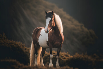 Obraz premium a brown and white horse standing on top of a field, animal, generative ai illustration 