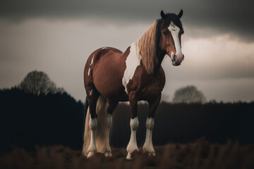 a brown and white horse standing on top of a field, animal, generative ai illustration 