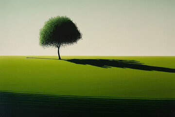 a lone tree casts a shadow on a green field, a minimalist painting, generative ai illustration