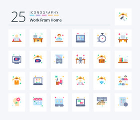 Work From Home 25 Flat Color icon pack including sharing. meeting. monitor. communication. working