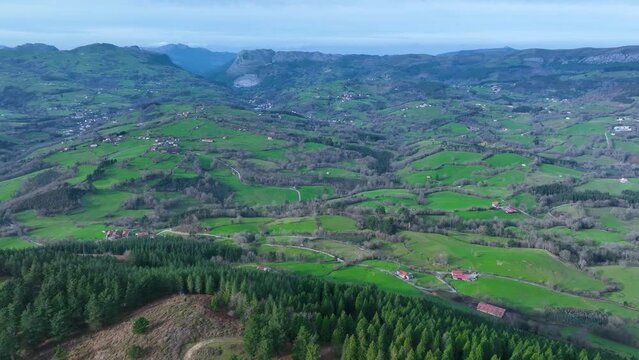 Landscape from the Hermitage of San Isidro in Sobrepe&ntilde;a, near Monta&ntilde;an and Pando. Aerial view. Ilsos de Ribacoba. Arma&ntilde;on Natural Park. Valley of Carranza. Biscay. Basque Country. Spain. Europe