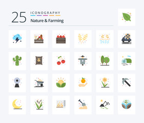Nature And Farming 25 Flat Color icon pack including farming. agriculture. apples. grains. farming