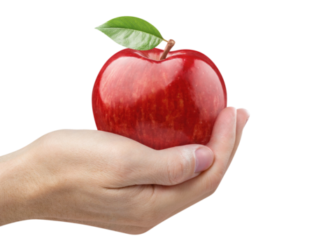 Hand holding delicious red apple cut out