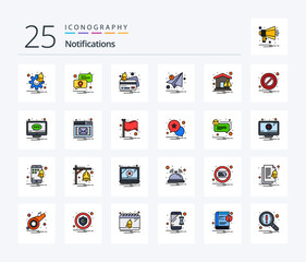 Notifications 25 Line Filled icon pack including home. notification. card. marketing. email