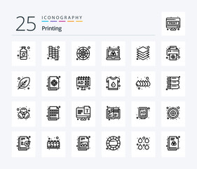 Printing 25 Line icon pack including layer. laptop. catalog. computer. sample