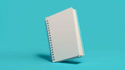 notebook, closed, standing, white cover, pen beside, notebook photography, cyan blue background