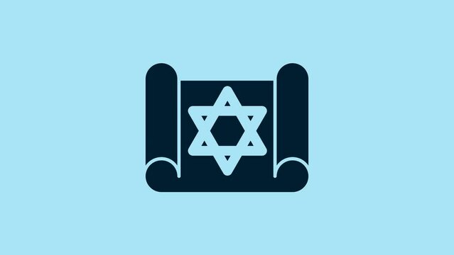 Blue Torah scroll icon isolated on blue background. Jewish Torah in expanded form. Star of David symbol. Old parchment scroll. 4K Video motion graphic animation