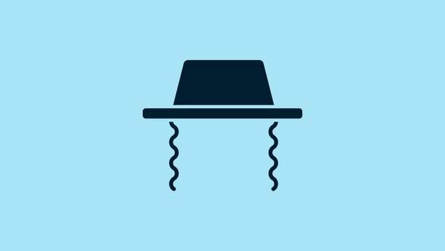 Blue Orthodox jewish hat with sidelocks icon isolated on blue background. Jewish men in the traditional clothing. Judaism symbols. 4K Video motion graphic animation