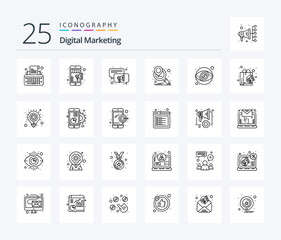 Digital Marketing 25 Line icon pack including money. view. conversation. eye. marketing planning