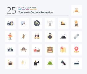 Tourism And Outdoor Recreation 25 Flat Color icon pack including hiker. tool. lunch. lumberjack. axe