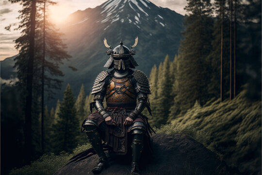 Samurai In Armor In The Forest Against The Backdrop Of Mountains, Japanese Medieval Warrior, AI Generated Art